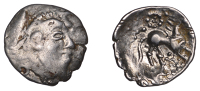 British Iron Age, ICENI, Uninscribed issues, silver Unit, Dead Head [Sun] type, male head right, dash-and-dot hair,...