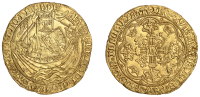 Henry VI (First reign, 1422-1461), Annulet issue, Noble, Calais, mm. lis on rev. only, annulet by wrist, flag at...