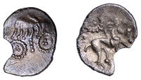 British Iron Age, ICENI, Uninscribed issues, silver Unit, Norfolk Boar Triadic type, trace of stylised boar right,...