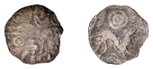 British Iron Age, BELGAE, Uninscribed issues, silver Half-Unit, Clanfield Anemone type, crossed wreaths, two opposed...