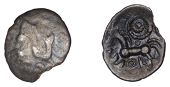British Iron Age, EAST WILTSHIRE, Uninscribed issues, silver Half Unit, Charlbury Beats type, two opposed animals,...