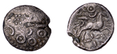 British Iron Age, DOBUNNI, Uninscribed issues, silver Unit, Cotswold Crosses type, moon head right represented by...