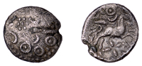 British Iron Age, DOBUNNI, Uninscribed issues, silver Unit, Cotswold Crosses type, moon head right represented by...