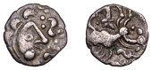 British Iron Age, DOBUNNI, Uninscribed issues, silver Unit, Cotswold Eagle [Head Type B] type, moon head right,...