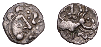 British Iron Age, DOBUNNI, Uninscribed issues, silver Unit, Cotswold Eagle [Head Type B] type, moon head right,...