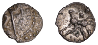 British Iron Age, DOBUNNI, Uninscribed issues, silver Unit, Cotswold Oxo type [Head Type F], moon head right, pellet...