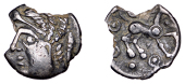 British Iron Age, CATUVELLAUNI, Uninscribed issues, silver Unit, Whaddon Goat type, horned head left, coiled hair,...