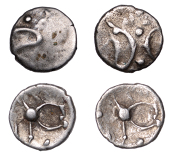 British Iron Age, ICENI, Ecen (c. AD 10-43), silver Half Units (2), Mini Stick Horse type, back-to-back open...