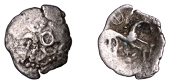 British Iron Age, ICENI, Uninscribed issues, silver Half Unit, Four-Spoked Wheels type, back-to-back crescents at...