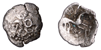British Iron Age, ICENI, Uninscribed issues, silver Half Unit, Four-Spoked Wheels type, back-to-back crescents at...