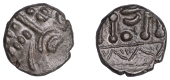 British Iron Age, DUROTRIGES, Uninscribed issues, billon Stater, Omo type, devolved head of Apollo comprising...