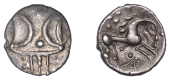 British Iron Age, ICENI, Ecen (c. AD 10-43), silver Unit, Symbol type [Tricorne Type], double crescent emblem on...