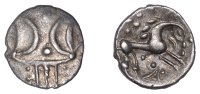 British Iron Age, ICENI, Ecen (c. AD 10-43), silver Unit, Symbol type [Tricorne Type], double crescent emblem on...