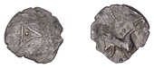 British Iron Age, ICENI, Uninscribed issues, silver Half Unit, Tricorne type, triangle with concave sides, pellet...