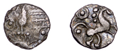 British Iron Age, ICENI, Uninscribed issues, silver Half Unit, Snettisham type, small boar standing right, grain of...