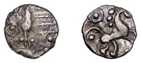 British Iron Age, ICENI, Uninscribed issues, silver Half Unit, Snettisham type, small boar standing right, grain of...