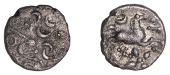 British Iron Age, DOBUNNI, Uninscribed issues, silver Unit, Cotswold Crosses type, moon head right represented by...
