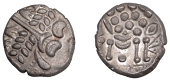 British Iron Age, DUROTRIGES, Uninscribed issues, silver Stater, Spread Tail type, devolved head of Apollo, two...