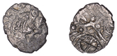British Iron Age, EAST WILTSHIRE, Uninscribed issues, silver Unit, Snake Head type, moon head right, large boss on...