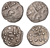 British Iron Age, DUROTRIGES, Uninscribed issues, billon Staters (2), Cranborne Chase type, devolved head of Apollo...