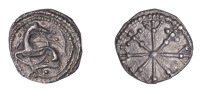 Early Anglo-Saxon Period, Sceatta, Secondary Series N/W mule, monster with long, sinuous limbs left, head reverted,...