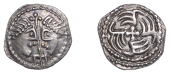 Early Anglo-Saxon Period, Sceatta, Secondary Series J [York], type 37, c. 710-60, two heads vis-à-vis, each with...