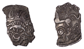 British Iron Age, REGINI, Uninscribed issues, silver Unit, Feather Head type, stylised facing hidden face with open...