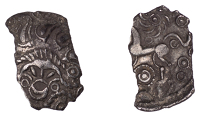 British Iron Age, REGINI, Uninscribed issues, silver Unit, Feather Head type, stylised facing hidden face with open...