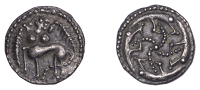 Early Anglo-Saxon Period, Sceatta, Secondary Series S, type 47, c. 710-60, Centauress standing left, with prominent...