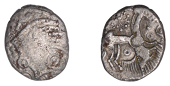 British Iron Age, BELGAE, Ex (c. 50-40 BC), silver Unit, Ex Head type, head left, corded hair, exo? above forehead,...