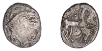 British Iron Age, BELGAE, Ex (c. 50-40 BC), silver Unit, Ex Head type, head left, corded hair, exo? above forehead,...
