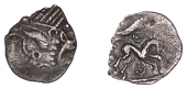 British Iron Age, ICENI, Uninscribed issues, silver Half Unit, Barley Boar type, small boar-standard right, bent...