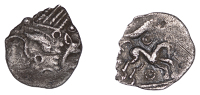 British Iron Age, ICENI, Uninscribed issues, silver Half Unit, Barley Boar type, small boar-standard right, bent...