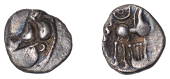 British Iron Age, REGNI, silver Unit, Sussex Lyre type, diademed head right, rev. horse right with corkscrew tail,...