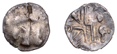 British Iron Age, DUROTRIGES, Uninscribed issues, silver Quarter-Stater, Badbury Rat type, trace of 'three men in a...