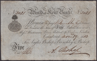 Weald of Kent Bank, Cranbrook, for Argles, Bishop, Brenchley & Bishop, £5, 19 November 1813, serial number 3021,...