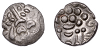 British Iron Age, DUROTRIGES, Uninscribed issues, billon Stater, Three Branch type, devolved head of Apollo...