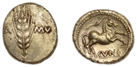 British Iron Age, CATUVELLAUNI, Cunobelin (c. 8-41), gold Stater, Classic A [Arc Stem] type, ear of barley with five...