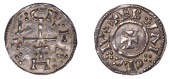 Danelaw, Cnut, Penny of Ebraice type, struck at York, patriarchal cross cnvt rex around, legend punctuated by...