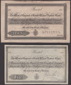 The West of England & South Wales District Bank, Bristol, proofs for £5 and £10, 186- and 185-, no serial numbers...
