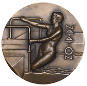 FRANCE, Natation [Swimming], c. 1930, an Art Déco award medal by R. Pelletier, female swimmer climbing out of a...