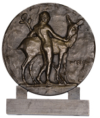 FRANCE, Cyparis, 1905, a uniface bronze medal by C.-V. Peter, standing male nude to right, feeding a goat, edge...