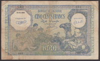 Banque de l’Algerie, 500 Francs, 18 November 1943, serial number J.209 551, stains at lower left, fine
BNB B136a,...