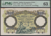 National Bank of Albania, Italian Occupation World War II, 20 Franga, ND (1939), serial number R21 4678, stains, in...