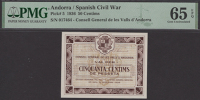 Consell General De Les Valls D’Andorra, 50 Centims, 19 December 1936, serial number 017464, in PMG holder 65 EPQ,...