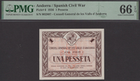 Consell General De Les Valls D’Andorra, 1 Pesseta, 19 December 1936, serial number 002807, in PMG holder 66 EPQ,...