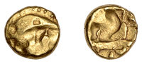 British Iron Age, REGNI, Uninscribed issues, gold Quarter-Stater, Sills Insular Cf type, ‘two men in a boat’...