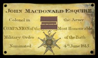 The Westminster Abbey Chapel Stall Plate of General Sir John Macdonald, G.C.B., late 89th Foot, he was Deputy...