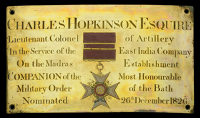 The Westminster Abbey Chapel Stall Plate of Major-General Sir Charles Hopkinson, Madras Artillery, who was mentioned...