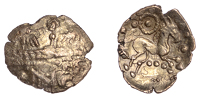 British Iron Age, CATUVELLAUNI, Uninscribed issues, gold Quarter-Stater, wreath, cloak and crescents, angular...